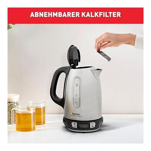  Tefal Kabelloser Wasserkocher aus Edelstahl, 1,7 l, 2400 W, 7 Temperaturen einstellbar von 60 bis 100°, Digitalbildschirm, Warmhalten 60 min, Express Control KI240D10