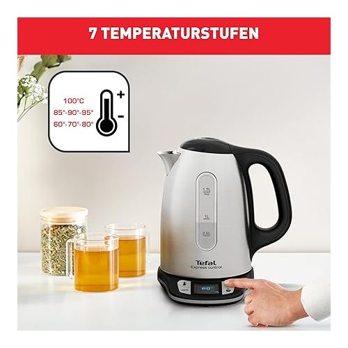  Tefal Kabelloser Wasserkocher aus Edelstahl, 1,7 l, 2400 W, 7 Temperaturen einstellbar von 60 bis 100°, Digitalbildschirm, Warmhalten 60 min, Express Control KI240D10