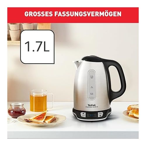  Tefal Kabelloser Wasserkocher aus Edelstahl, 1,7 l, 2400 W, 7 Temperaturen einstellbar von 60 bis 100°, Digitalbildschirm, Warmhalten 60 min, Express Control KI240D10