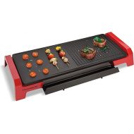 THOMSON 2-in-1 Electric Table Grill (60 x 25 cm) - Electric Grill for Balcony, Garden, Indoor, Plancha Grill & Extra Grill Surface with Collection Container & Handles, THPL960G, Black/Red