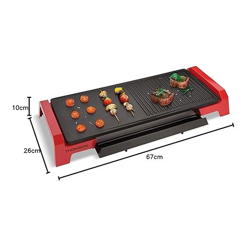  THOMSON 2-in-1 Electric Table Grill (60 x 25 cm) - Electric Grill for Balcony, Garden, Indoor, Plancha Grill & Extra Grill Surface with Collection Container & Handles, THPL960G, Black/Red