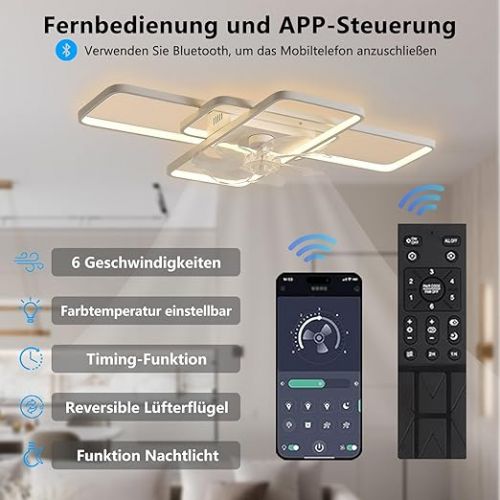  MiiR Ceiling Fan with Lighting, LED 80 W Ceiling Fan with Remote Control, Quiet Lamp with Fan, Dimmable, 6-Level Wind Speed, Ceiling Light for Living Room, Bedroom, Light 72 cm