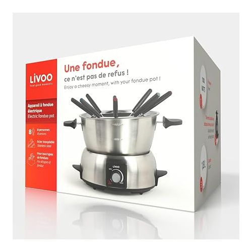  Electric Fondue 8 People Stainless Steel - Electric Fondue Set Cheese Fondue Chocolate Fondue Set - Meat Fondue with Thermostat 1000 Watt - Fondue Pot 1.8 Litres