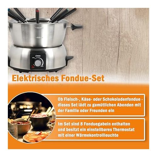  Electric Fondue 8 People Stainless Steel - Electric Fondue Set Cheese Fondue Chocolate Fondue Set - Meat Fondue with Thermostat 1000 Watt - Fondue Pot 1.8 Litres