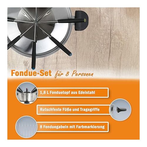  Electric Fondue 8 People Stainless Steel - Electric Fondue Set Cheese Fondue Chocolate Fondue Set - Meat Fondue with Thermostat 1000 Watt - Fondue Pot 1.8 Litres