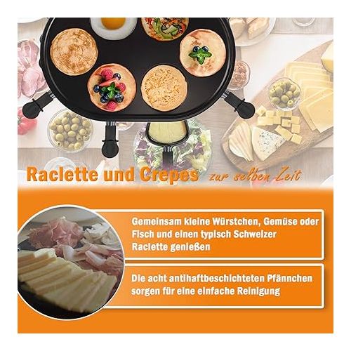  Raclette Grill 8 People Grill Plate Table Grill Electric Grill Plate Oval (8 Pans, 1200 Watt, Non-Stick Coating, Party Grill, Crepe Maker)