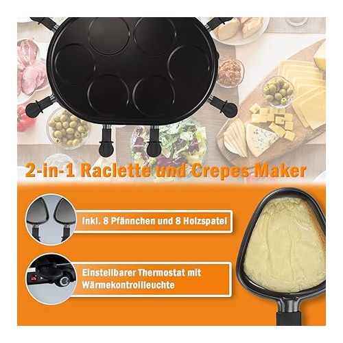  Raclette Grill 8 People Grill Plate Table Grill Electric Grill Plate Oval (8 Pans, 1200 Watt, Non-Stick Coating, Party Grill, Crepe Maker)