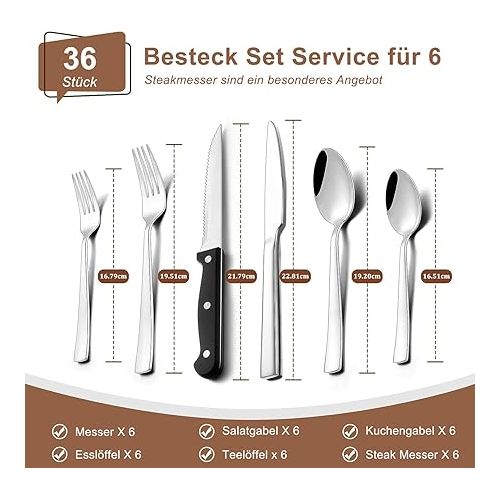  Terlulu 36-Piece Stainless Steel Cutlery Set with Steak Knife, Cutlery Set for 6 People, Elegant Cutlery Set with Knife, Fork, Spoon, Cutlery for Home/Party/Restaurant, Dishwasher Safe