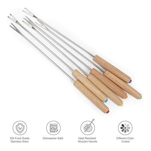  Stainless Steel Barbecue Fork, Fondue Fork, Set of 12 Fondue Forks with Wooden Handle, Fondue Cutlery Made of Stainless Steel, Fondue Skewers 24 cm Length (Wood: Yellow)