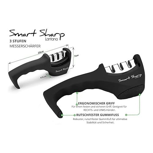  Lantana Smart Sharp - Messerscharfer - professioneller, manueller, mit 3 Stufen - Keramikstein, Wolframcarbid-Scheiben, Diamant-Schleifsteine - ergonomisches - Schwarz/Chrom-Design