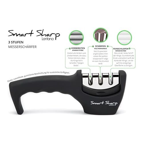  Lantana Smart Sharp - Messerscharfer - professioneller, manueller, mit 3 Stufen - Keramikstein, Wolframcarbid-Scheiben, Diamant-Schleifsteine - ergonomisches - Schwarz/Chrom-Design