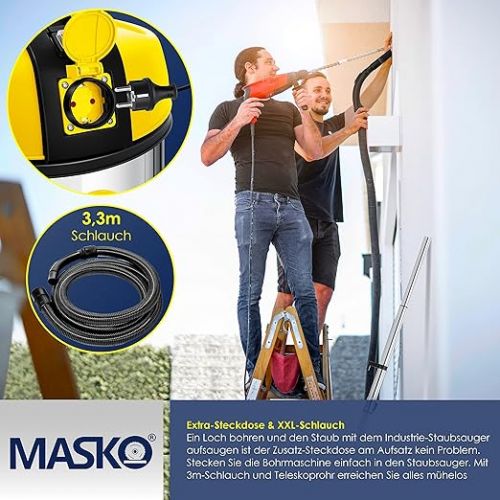  Masko® Industrial Wet And Dry Vacuum Cleaner, Stainless Steel, 2300 W, with Socket and Blowing Function Dry and wet vacuuming - “Push&Clean” - industrial vacuum cleaner with and without bags - bagless., yellow