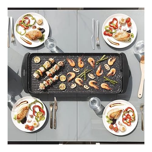  Cecotec Tasty & Grill Electric Grill 3000 RockWater L. 2200 W, Large Area 65 x 30 cm, RockStone Coating, Non-Stick Coating, Adjustable Thermostat