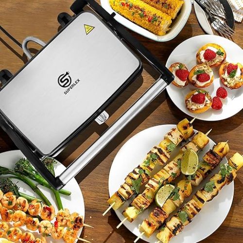  SUPERLEX Contact Grill Table Grill 1500 W for Steak, Sandwich Maker, Panini Grill, Toaster with Non-Stick Coating, 180° Opening with Heat-Insulated Handle, BPA Free