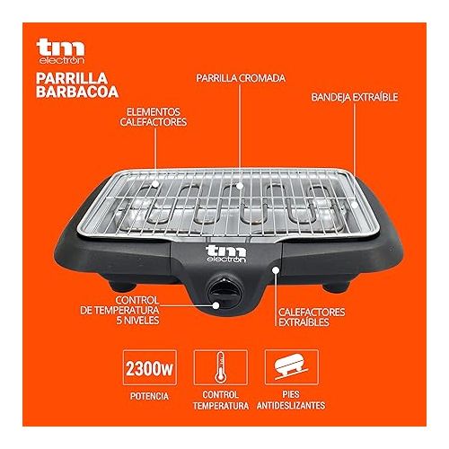 TM Electron TMPGR010 Electric Table Grill 2300 W 873 cm² Surface Smoke Protection with Water with 5 Temperature Levels and Easy Cleaning
