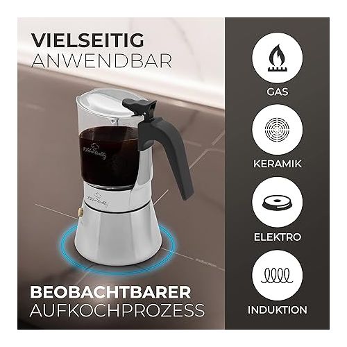  KitchenQuality Espresso Maker | High-Quality Coffee Maker Made of Stainless Steel and Borosilicate Glass | For All Hob Types | Includes Portioning Spoon and Saucer