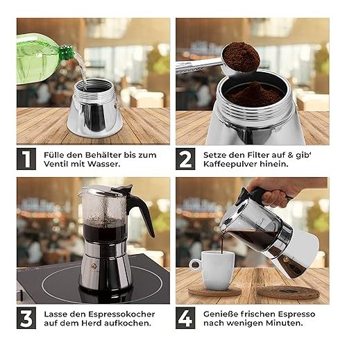  KitchenQuality Espresso Maker | High-Quality Coffee Maker Made of Stainless Steel and Borosilicate Glass | For All Hob Types | Includes Portioning Spoon and Saucer