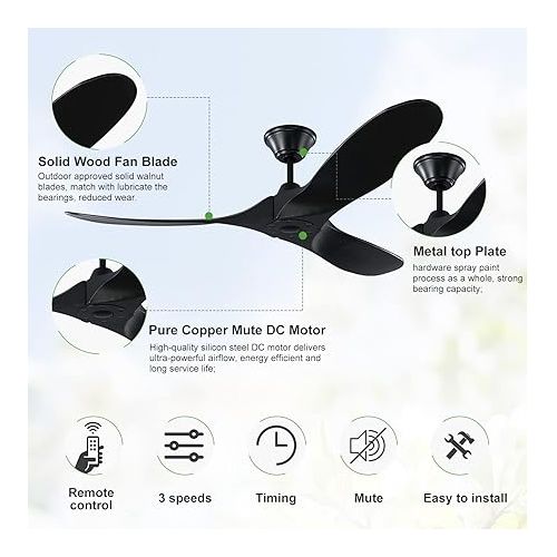  XSGDMN Industrial Vintage Ceiling Fan, Ceiling Fan with Remote Control, Wood Quiet without Lighting, Intelligent Time Setting, Can Be Used in Winter and Summer (132 cm, Black)