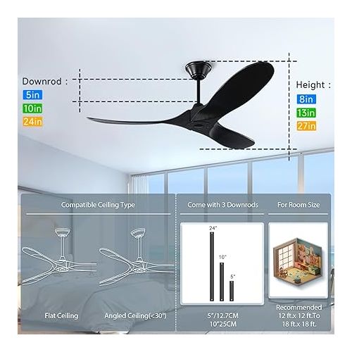  XSGDMN Industrial Vintage Ceiling Fan, Ceiling Fan with Remote Control, Wood Quiet without Lighting, Intelligent Time Setting, Can Be Used in Winter and Summer (132 cm, Black)