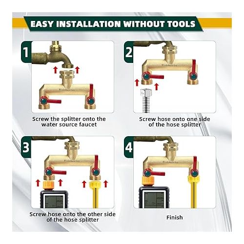  Wisdomgarden Wasserverteiler 2fach, Schwere Ausfuhrung aus Messing gartenschlauch verteiler,2 wege verteiler wasser mit 2 Verlangerungsgriffen,Der verbesserte sechseckige Wassereinlass ist langlebiger