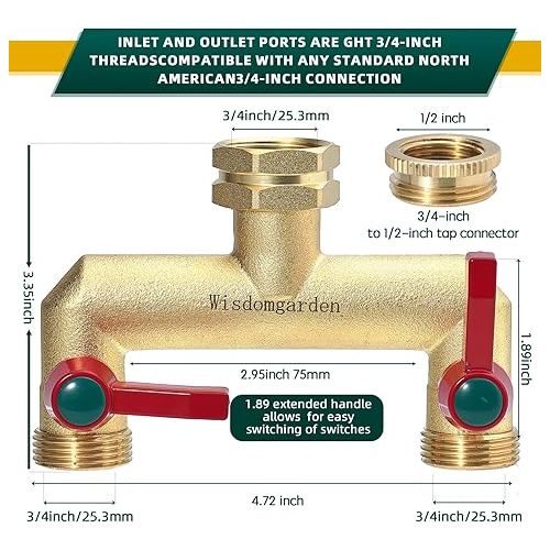  Wisdomgarden Wasserverteiler 2fach, Schwere Ausfuhrung aus Messing gartenschlauch verteiler,2 wege verteiler wasser mit 2 Verlangerungsgriffen,Der verbesserte sechseckige Wassereinlass ist langlebiger