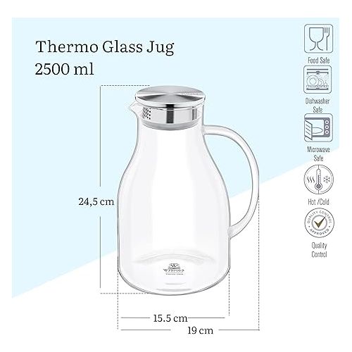  Wilmax Glass Carafe with Bamboo Lid 2500 ml Carafe for Hot or Cold Drinks Water Carafe Made of Borosilicate Glass Suitable for Gas or Electric Hobs Gift Set