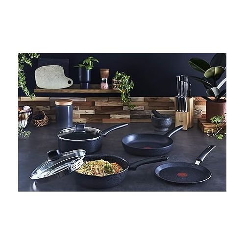  Tefal G28106 Black Stone Frying Pan 28 cm | Mineralia+ Non-Stick Coating | Safe | Thermal Signal | Suitable for Induction Cookers | Healthy Cooking | Stone Effect | Black