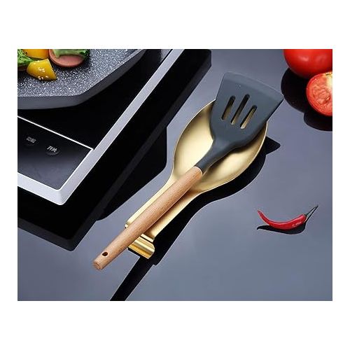  Matte Gold Spoon Rest, Stainless Steel Spoon Holder for Stove Top, Kitchen Utensils Holder for Ladles, Tongs, Spatula, Cooker Spoon Holder, Pot Lid Holder, Dishwasher Safe (1 Piece, 9.5 Inches)