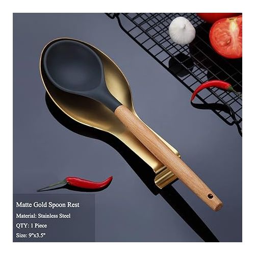  Matte Gold Spoon Rest, Stainless Steel Spoon Holder for Stove Top, Kitchen Utensils Holder for Ladles, Tongs, Spatula, Cooker Spoon Holder, Pot Lid Holder, Dishwasher Safe (1 Piece, 9.5 Inches)