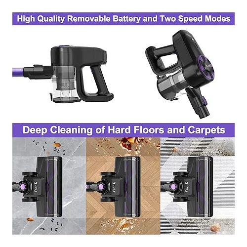  VacniQ Cordless Vacuum Cleaner, 30 Kpa Suction Power, Stable 250 W Motor, Handheld Vacuum Cleaner for Pet Hair, Carpets and Hard Floors (Purple)