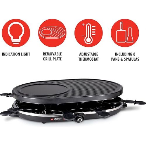  alpina Raclette Grill - Electric Table Grill - with Pans and Spatulas - 1200 Watt - 8 People - Black