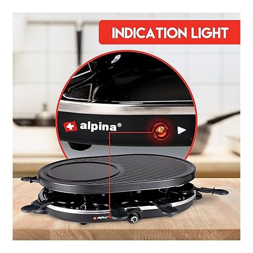  alpina Raclette Grill - Electric Table Grill - with Pans and Spatulas - 1200 Watt - 8 People - Black