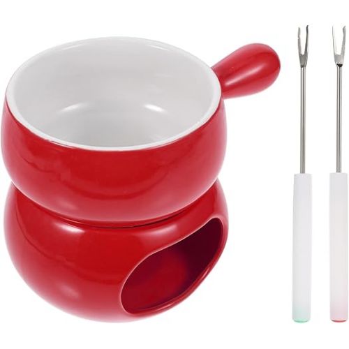  TOPBATHY Glazed Ceramic Fondue Pot Set: Kitchen Fondue Pot Set, Chocolate Fondue Cheese Fondue Cups with Forks, Porcelain Melting Pot for Chocolate Fountain Party, BNG12W1467UIQS, 16 x 12 x 11 cm, Red