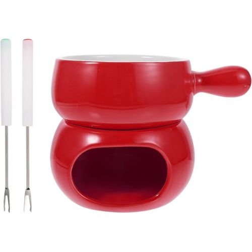  TOPBATHY Glazed Ceramic Fondue Pot Set: Kitchen Fondue Pot Set, Chocolate Fondue Cheese Fondue Cups with Forks, Porcelain Melting Pot for Chocolate Fountain Party, BNG12W1467UIQS, 16 x 12 x 11 cm, Red