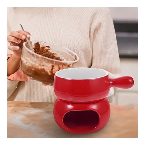  TOPBATHY Glazed Ceramic Fondue Pot Set: Kitchen Fondue Pot Set, Chocolate Fondue Cheese Fondue Cups with Forks, Porcelain Melting Pot for Chocolate Fountain Party, BNG12W1467UIQS, 16 x 12 x 11 cm, Red