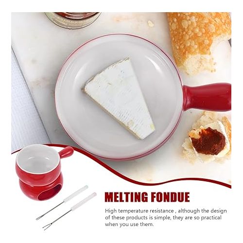  TOPBATHY Glazed Ceramic Fondue Pot Set: Kitchen Fondue Pot Set, Chocolate Fondue Cheese Fondue Cups with Forks, Porcelain Melting Pot for Chocolate Fountain Party, BNG12W1467UIQS, 16 x 12 x 11 cm, Red