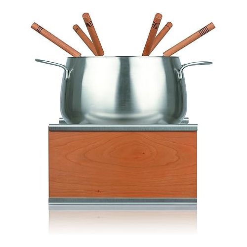  KUHN RIKON 32192 Fondue Fleischfondue Set Wood Holz mit Spritzschutz und Platz fur 6 Gabeln - bestehend aus Fonduetopf, Rechaud, Gabeln