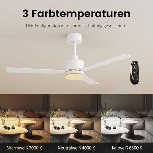  EMKE Deckenventilator mit Beleuchtung Fernbedienung Leise, 3 Farbtemperatur Lampe mit Ventilator 132 cm, Deckenventilator mit Fernbedienung Outdoor Deckenventilator Weiß