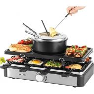 Petra PT4513VDE 2-in-1 Raclette Grill and Fondue - Large Teppanyaki Grill, Sliders/Wooden Spatula, 8 People, Smokeless Electric Grill Plate, 1.3 L Pot with Diving Forks, 1400 W, Temperature Controller