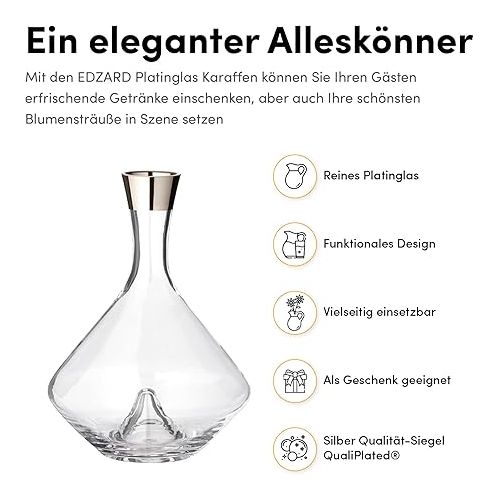  EDZARD Frederick Carafe Wine Decanter Made of Hand-Blown Crystal Glass with Platinum Rim, Height 27 cm, Decanter for Red Wine, Decanter with Capacity 2.1 Litres