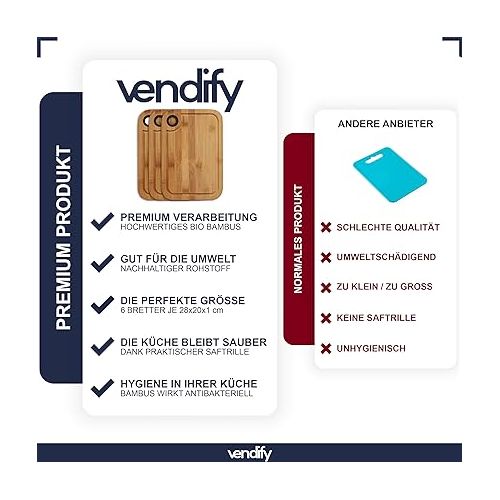  vendify® Breakfast Board Bamboo Chopping Board Set of 6 28 x 20 cm - Kitchen Board Set Wood