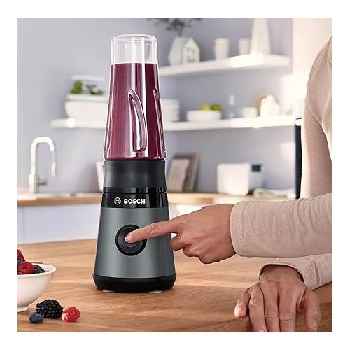  Bosch VitaPower Series 2 MMB2111S Mini Blender, High Speed Mixer, up to 40,000 rpm, Tritan ToGo Bottle 0.6 L, Drinking Lid, Shatterproof, Dishwasher-safe, 450 W, Silver/Black