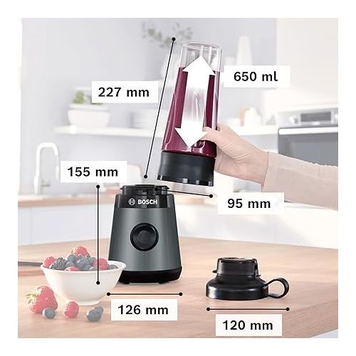  Bosch VitaPower Series 2 MMB2111S Mini Blender, High Speed Mixer, up to 40,000 rpm, Tritan ToGo Bottle 0.6 L, Drinking Lid, Shatterproof, Dishwasher-safe, 450 W, Silver/Black