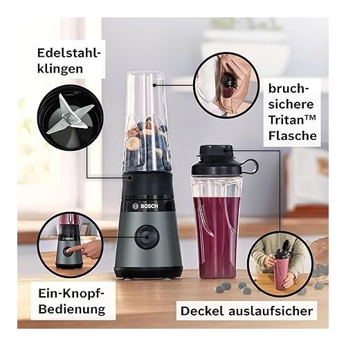  Bosch VitaPower Series 2 MMB2111S Mini Blender, High Speed Mixer, up to 40,000 rpm, Tritan ToGo Bottle 0.6 L, Drinking Lid, Shatterproof, Dishwasher-safe, 450 W, Silver/Black