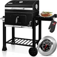 Kesser® Barbecue Trolley, XXL Charcoal Grill with Lid, Wheels, Stainless Steel Handle, Grill Grate and Thermometer, Charcoal Grill Cart, Large, for BBQ, Camping, Patio, Garden (Black/Silver)