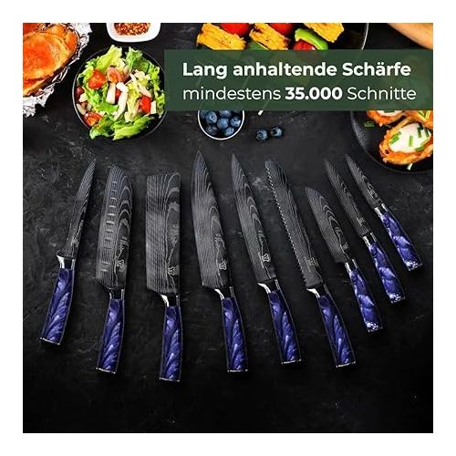  KUCHENKOMPANE stainless steel knife set, black, Asian knife set, 9 pieces, Pinku, premium elegant damask design with epoxy resin handle, incl. gift box