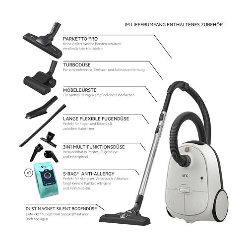  AEG AB61H6SW Vacuum Cleaner with Bag / High Suction Power on All Floors / Includes Additional Nozzles / 50% Recycled Plastic / Ideal for Asthmatics, Allergy Sufferers, Pet Owners / 12 m Cable / 850 W