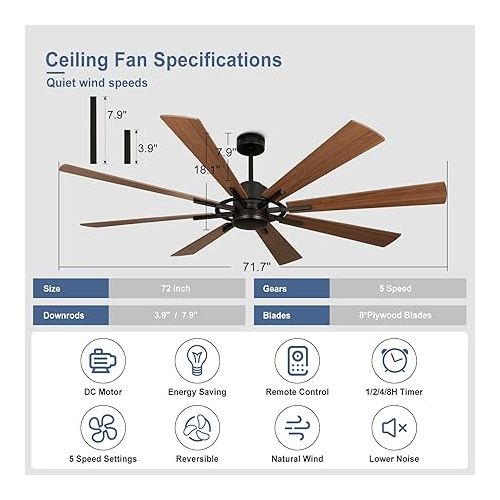  Depuley 72 Inch Modern Ceiling Fan with Remote Control, Quiet Ceiling Fan without Light, Speed, Walnut, 8 Blades, for Bedroom, Kitchen, Living Room, Balcony