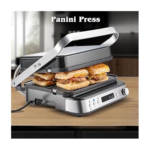  AMZCHEF Multifunktionaler 4 in 1 Kontaktgrill, Griddle, Waffeleisen & SandwichMaker mit 4 antihaftbeschichteten abnehmbaren Platten, individuelle Zeit und Temperatur,LED-Anzeige,Gesundheitsgrill 2000W