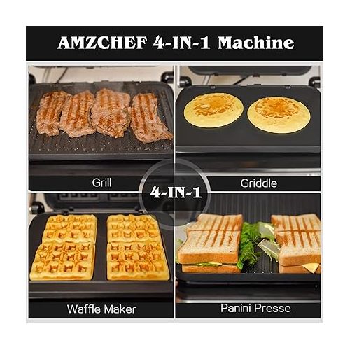  AMZCHEF Multifunktionaler 4 in 1 Kontaktgrill, Griddle, Waffeleisen & SandwichMaker mit 4 antihaftbeschichteten abnehmbaren Platten, individuelle Zeit und Temperatur,LED-Anzeige,Gesundheitsgrill 2000W